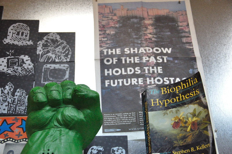 Photo of a huge green fist on table with a book and poster.