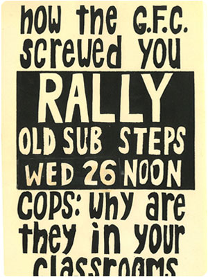 Rally notice for a protest against campus policing thumbnail.