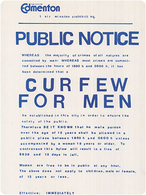 Satirical poster proclaiming a curfew for men in Edmonton thumbnail.