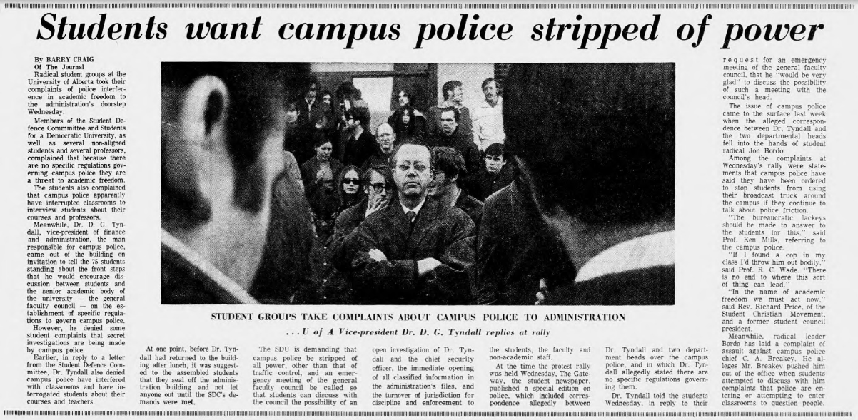 Craig, B. (1969, March 27). Students Want Campus Police Stripped of Power. The Edmonton Journal. p.43