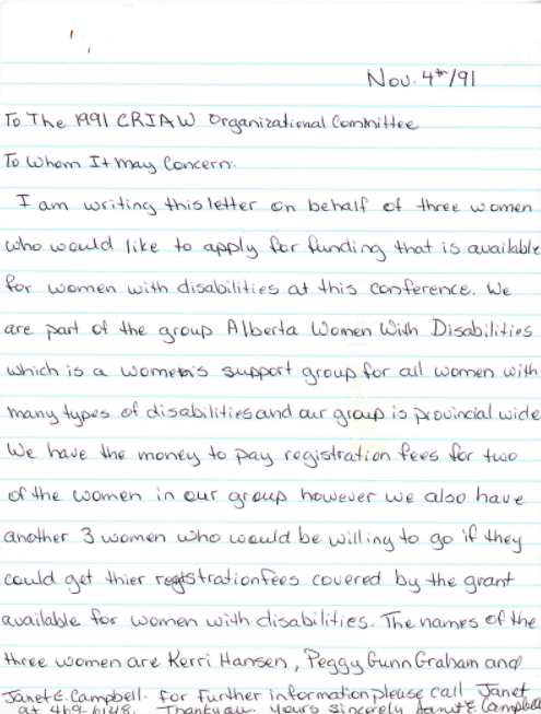 image of a handwritten note requesting funding for women with disabilities to attend the 1991 CRIAW conference
