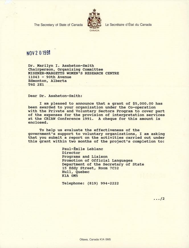 Letter regarding a grant awarded to the 1991 CRIAW conference committee to provide translation services at the conference