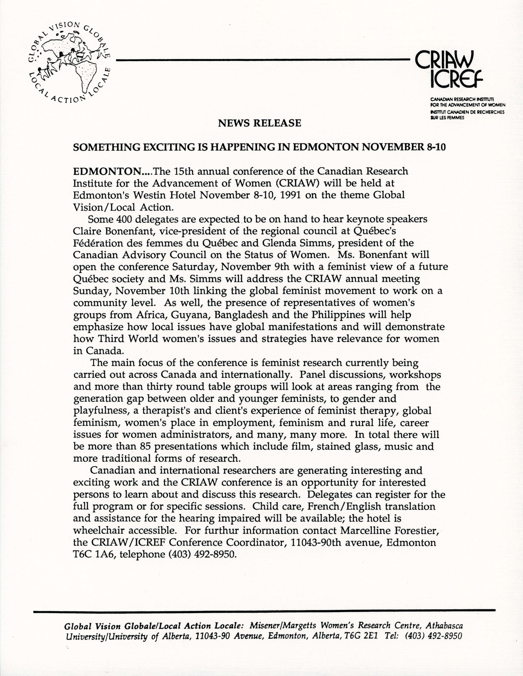 A news release promoting the 1991 CRIAW conference