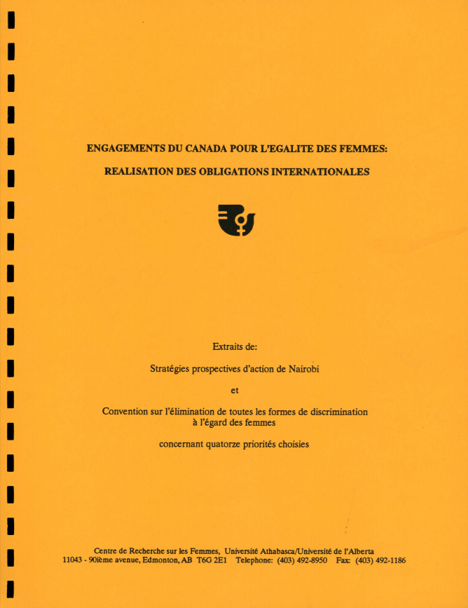 Cover of the 1989 WRC report Canada's Commitment to Women's' Equality: Implementing Our International Obligations - French