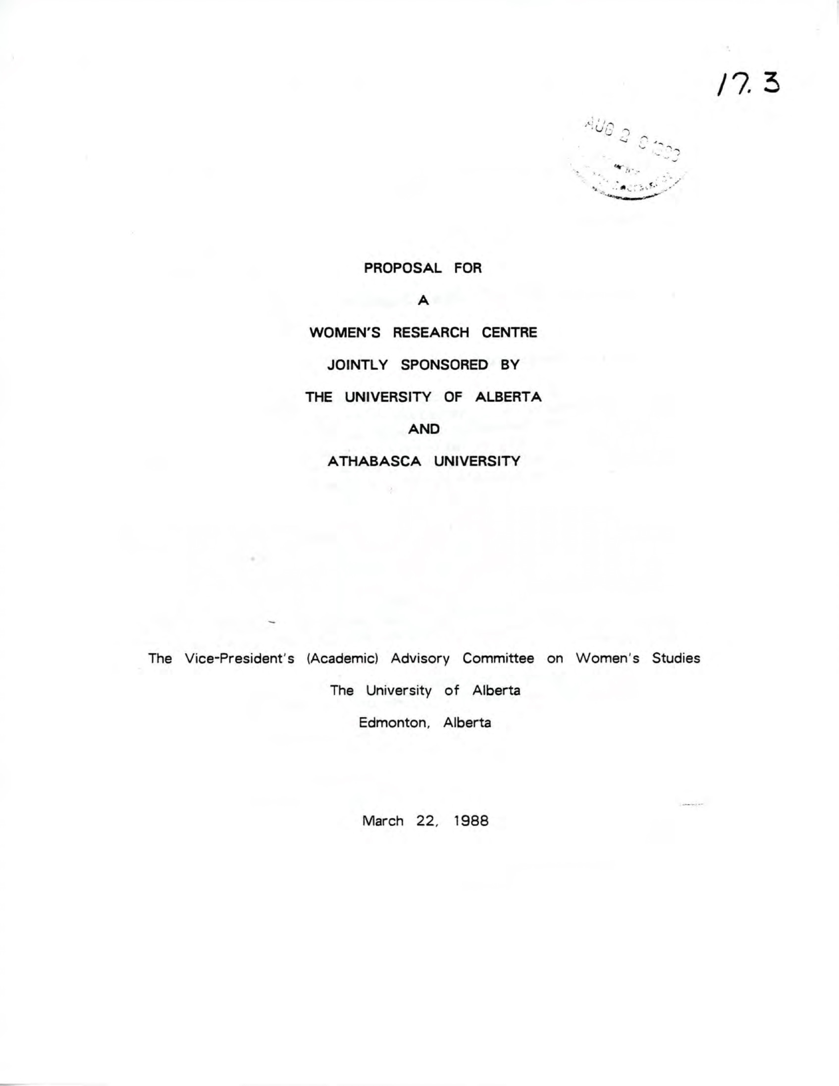 cover page of a report and proposal for the establishment of the Women's Research Centre