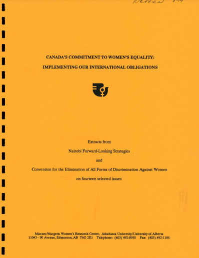 Cover of the 1989 WRC report Canada's Commitment to Women's' Equality: Implementing Our International Obligations - English