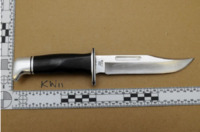 A photo of a black-handled hunting knife alongside a ruler, it is approximately 27cm in length
